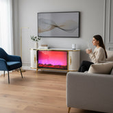 CONSOLA TV ALB & AURIU CU SEMINEU SI SPATII DEPOZITARE 140x40x80cm