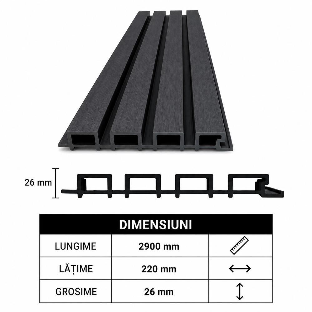 Panou WPC riflat negru, de exterior 2900*220*26mm