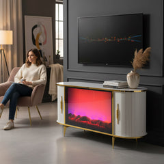 CONSOLA TV ALB & AURIU CU SEMINEU SI SPATII DEPOZITARE 140x40x80cm